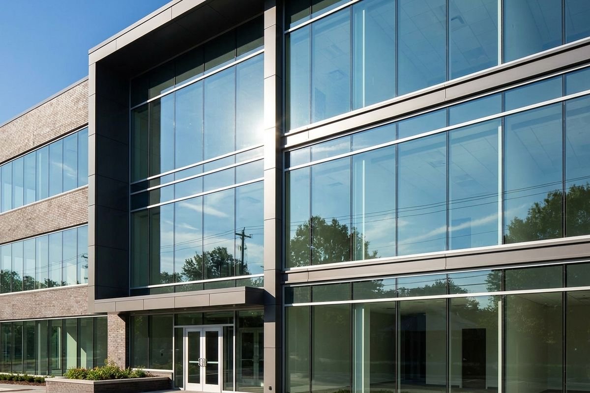 A modern low-rise office building with a full glass frontage